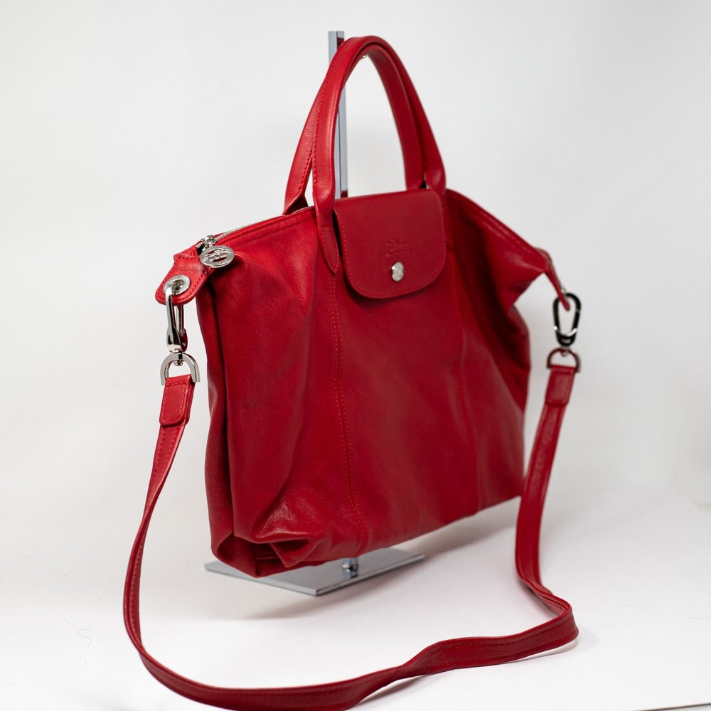 Longchamp Le Pliage Cuir Medium Genuine Leather Crossbody Satchel Bag Purse Red - Picture 3 of 6